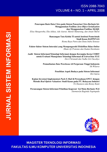 					View Vol. 4 No. 1 (2008): Jurnal Sistem Informasi (Journal of Information System)
				