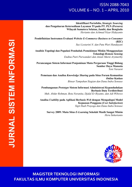 					View Vol. 6 No. 1 (2010): Jurnal Sistem Informasi (Journal of Information System)
				