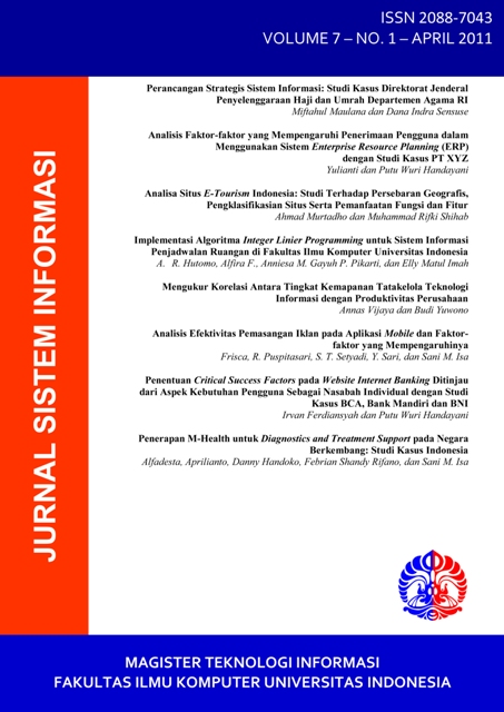 					View Vol. 7 No. 1 (2011): Jurnal Sistem Informasi (Journal of Information System)
				